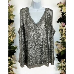 Talbots Woman Silver Sequin V-Neck Blouse Sz 22W Sleeveless Top Fancy Plus Size